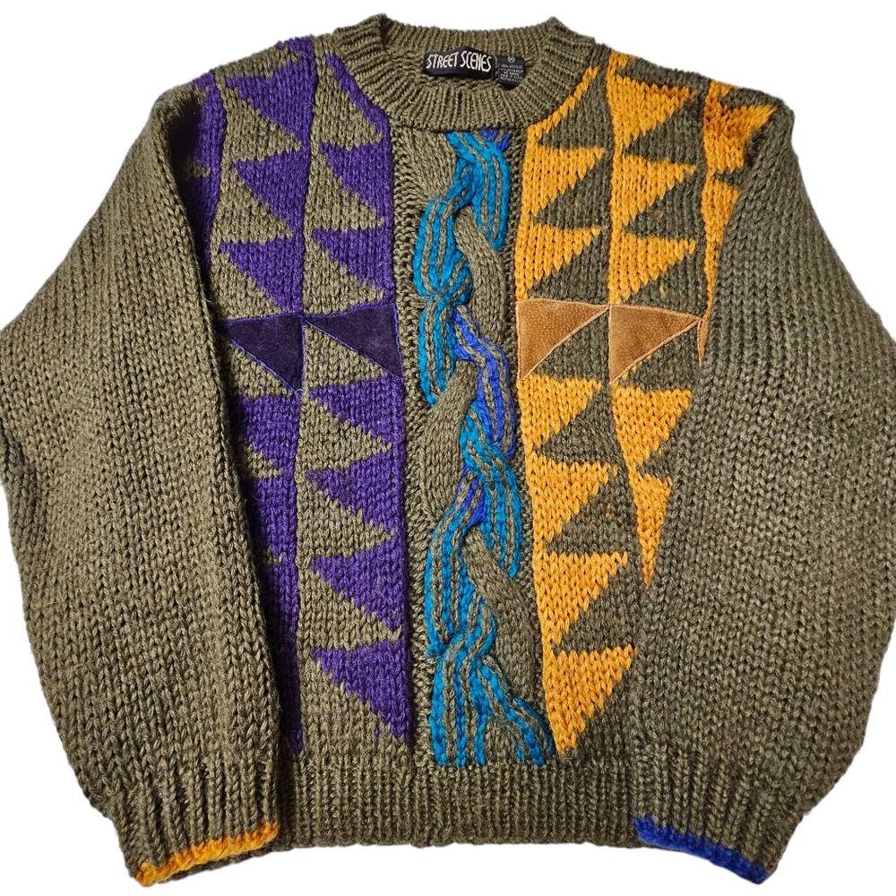 VTG 80s Street Scenes Color Block Geometric Pullover Sweater Mens Medium